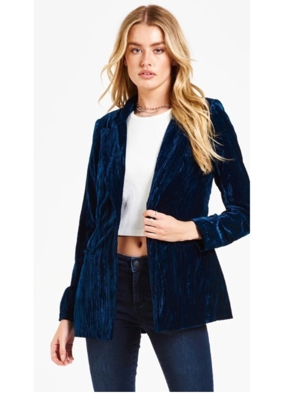 Dear John Wylie Crimped Velvet Single Breasted Blazer Jacket Blue Medium